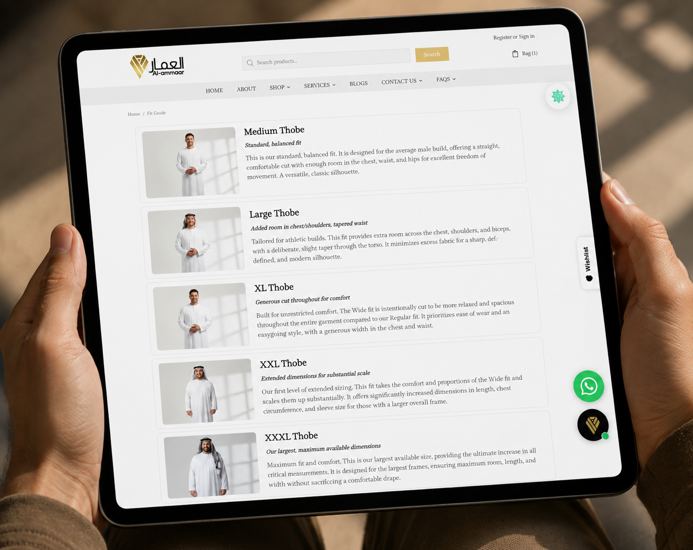 Al-Ammaar thobe fit guide on a tablet
