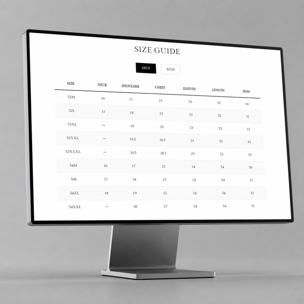 Al-Ammaar men's size guide table