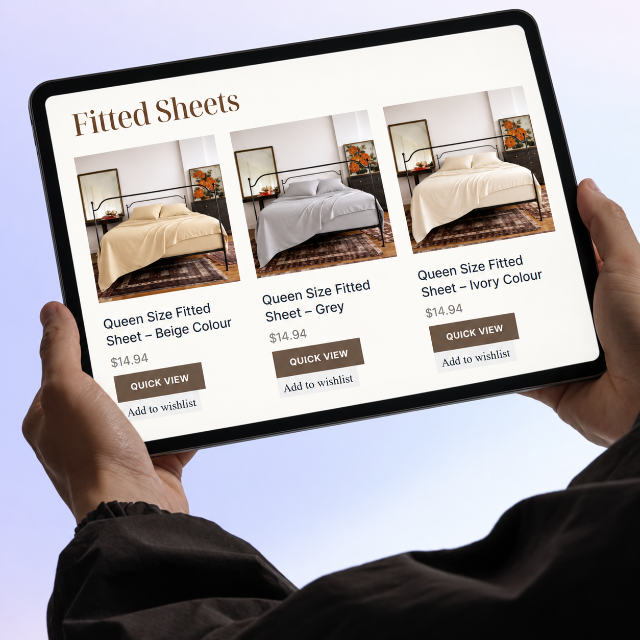 Carvelli fitted-sheet collection and Quick View actions on a tablet