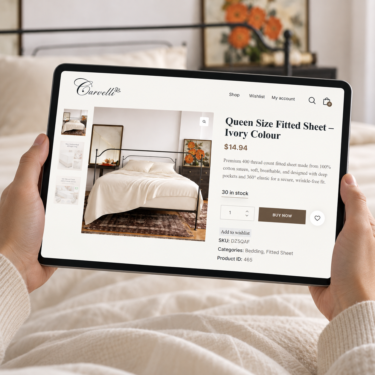 Carvelli product detail page with price, stock, wishlist, and Buy Now actions