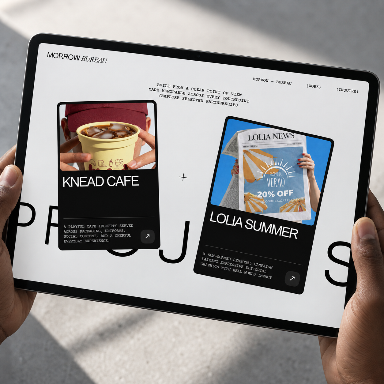Morrow Bureau selected projects interface on a tablet