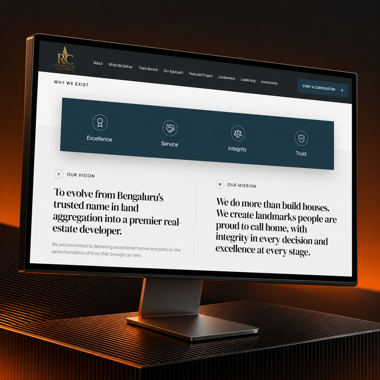 RCLifespaces vision, mission, and brand values presented on desktop