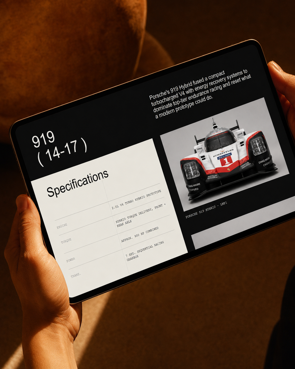 Track Borne motorsport editorial interface on a handheld tablet